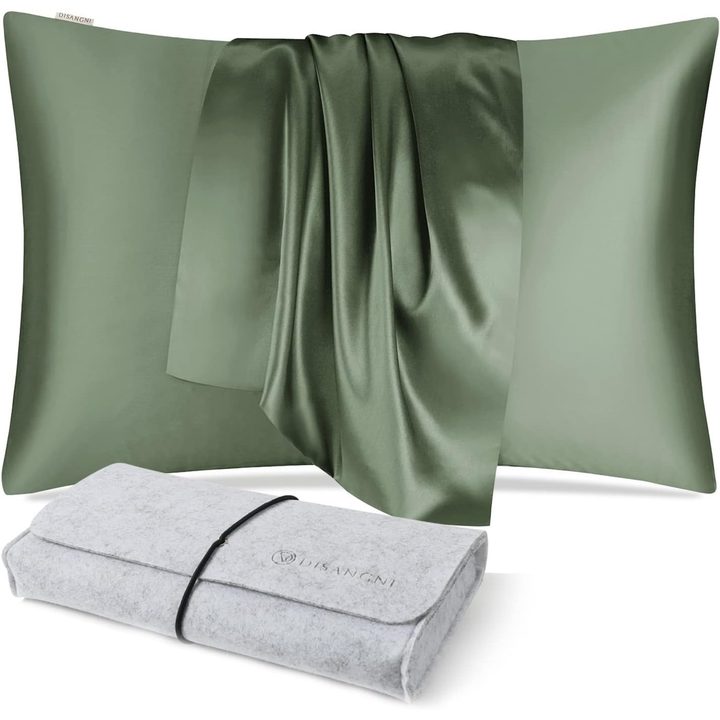 Green mulberry silk pillowcase with its storage pouch